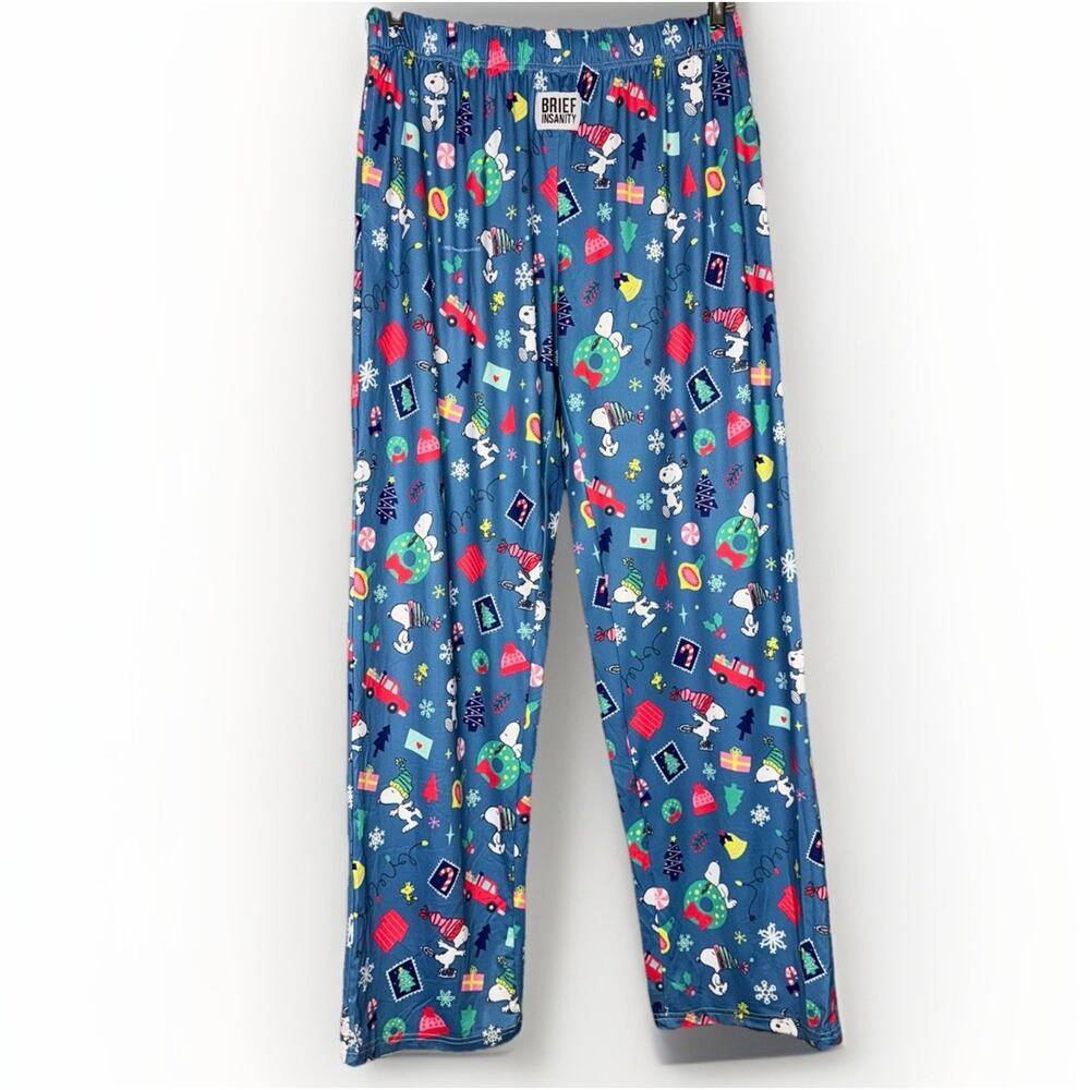 NWT Peanuts Snoopy Mens XL Pajama Pants Blue Christmas Holiday‎ Brief Insanity